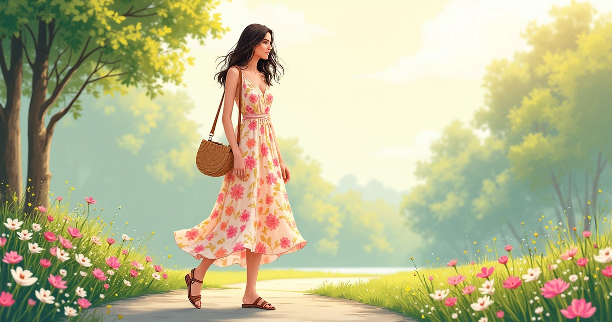 Vestido midi floral com sandália de tiras em um parque 