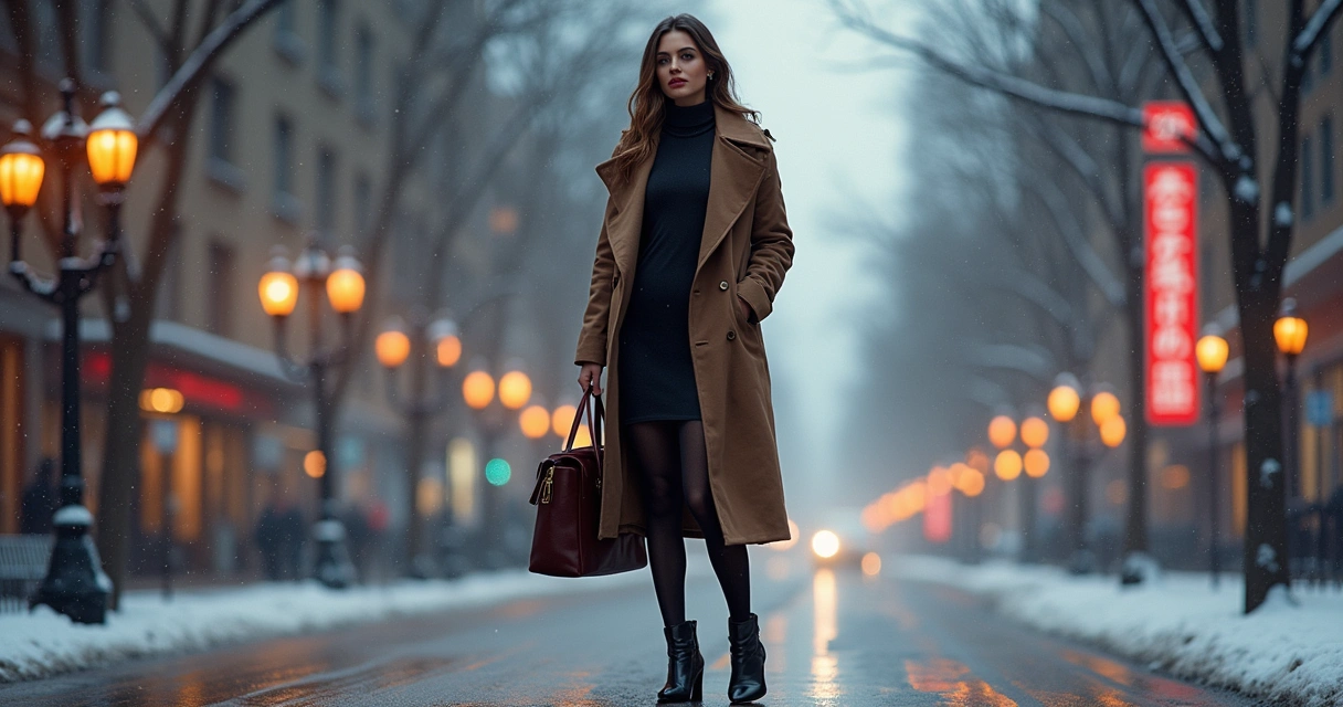 Vestido midi de manga longa, casaco e botas 