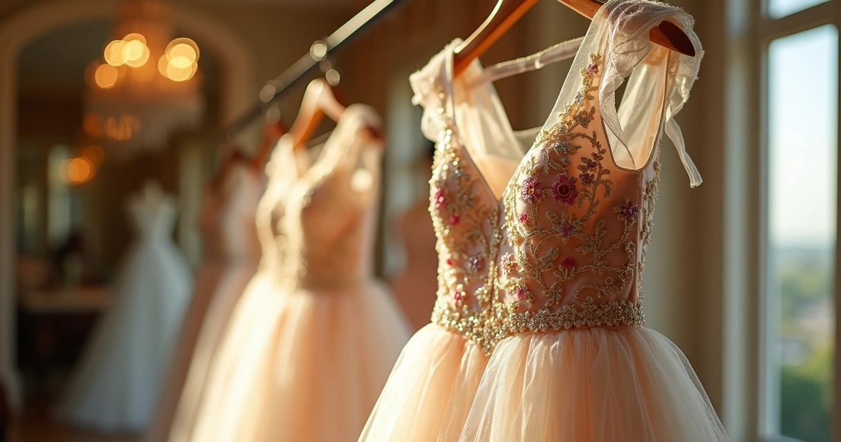 Vestido colorido de festa com bordados delicados em ambiente sofisticado