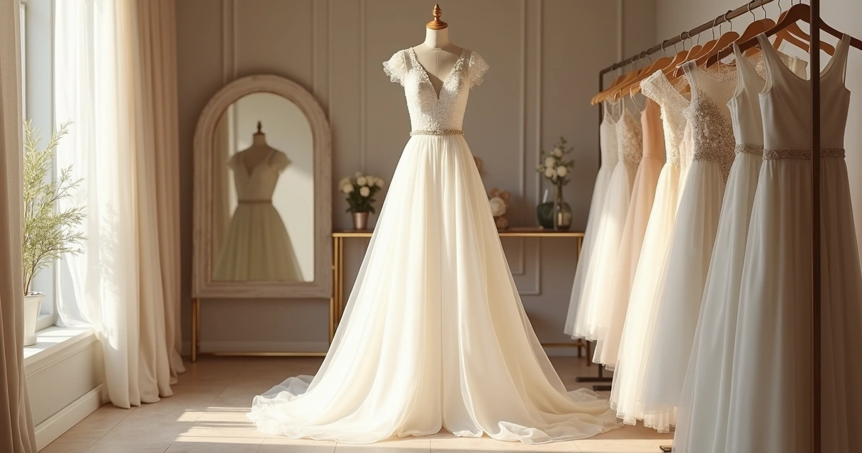 Vestido de noiva em arara de atelier com tecidos claros