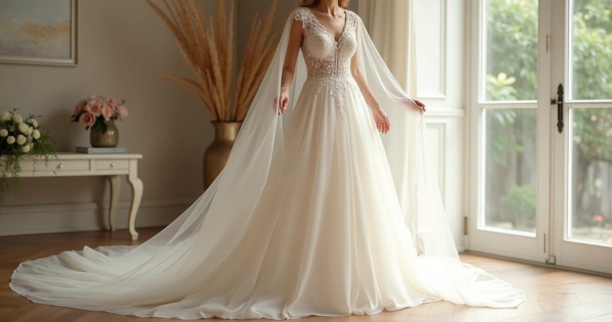Vestido de noiva contemporâneo com renda e capa transparente