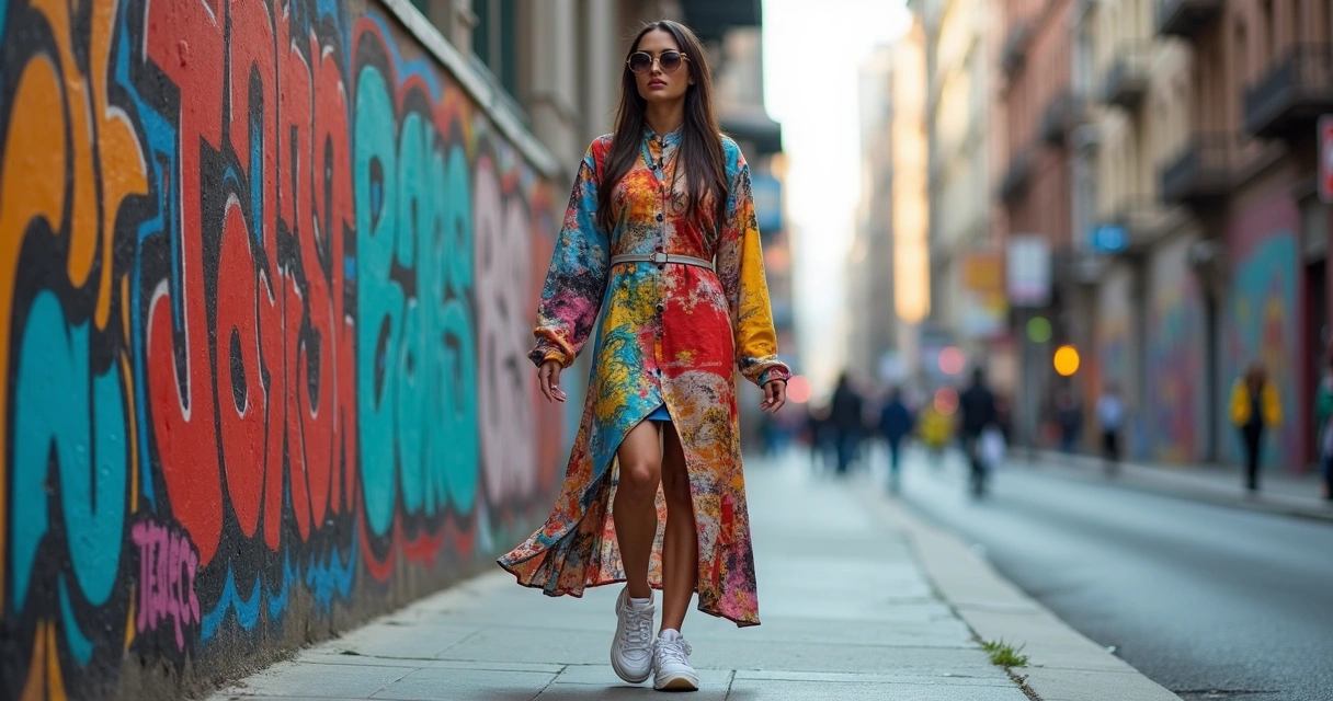 Modelo com vestido streetwear colorido e tênis branco na rua 