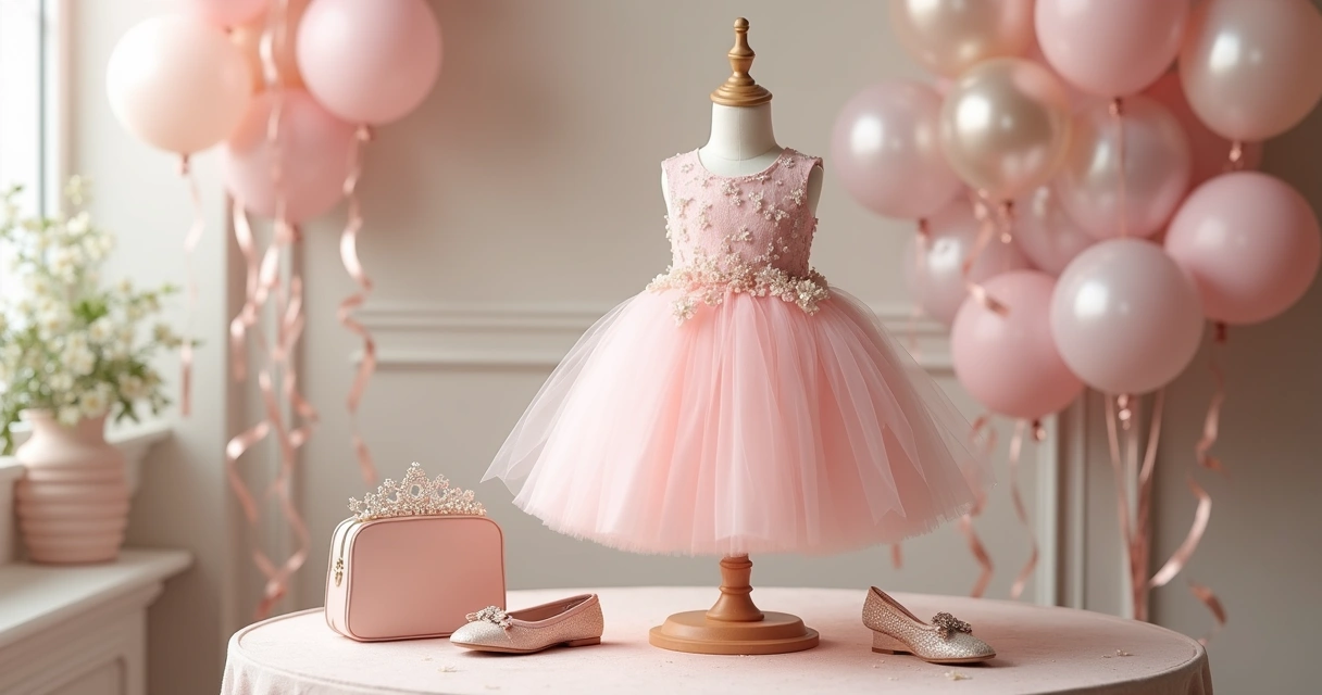 Vestido infantil de tule com tiara e acessórios delicados