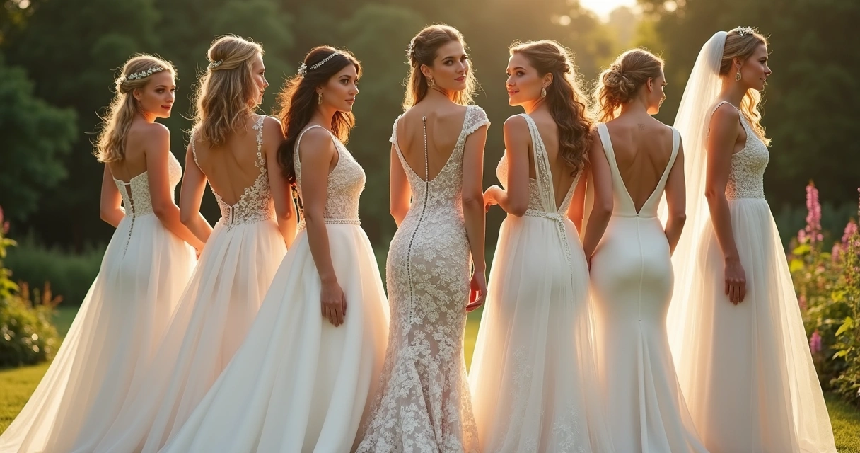 Várias noivas usando vestidos de casamento com cortes e estilos diferentes, ao ar livre, sob luz natural