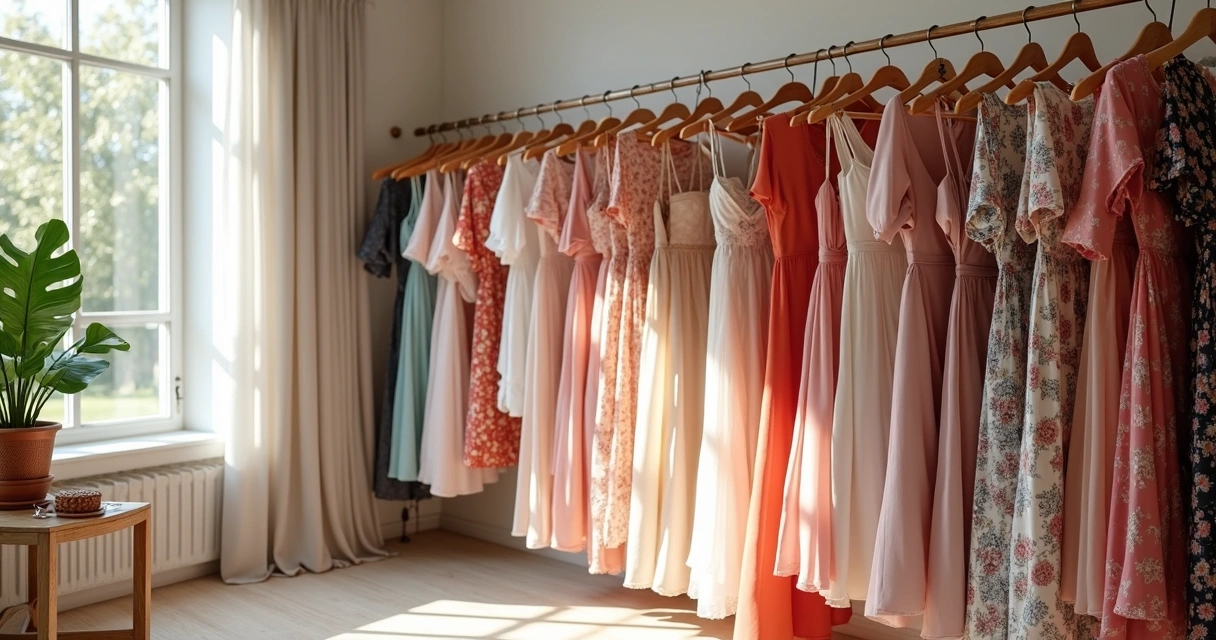 Vestidos de vários estilos organizados no cabideiro 