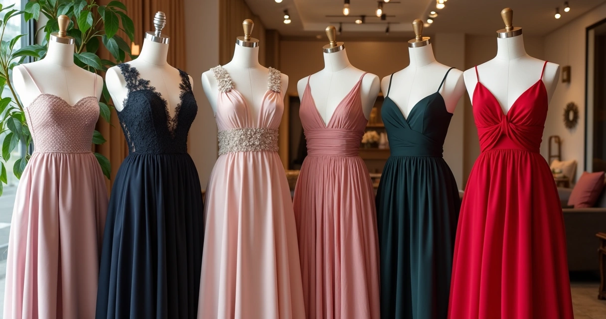 Vestidos de festa em cabides em loja de aluguel de roupas