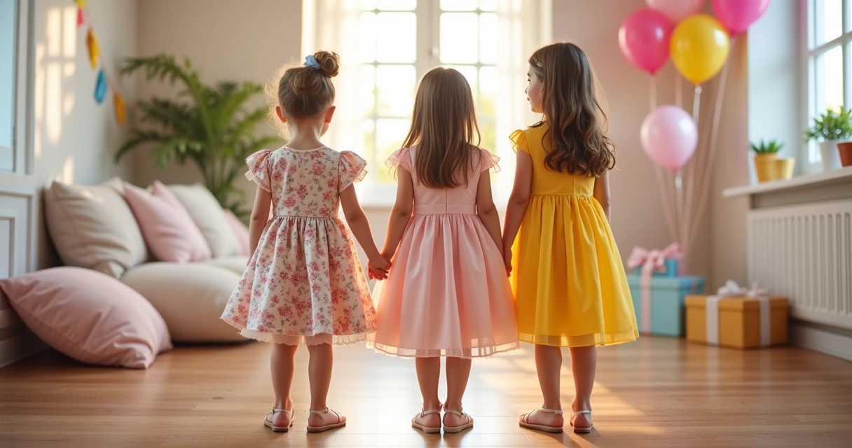 Meninas vestindo vestidos infantis coloridos para festa em ambiente festivo com decoração alegre 