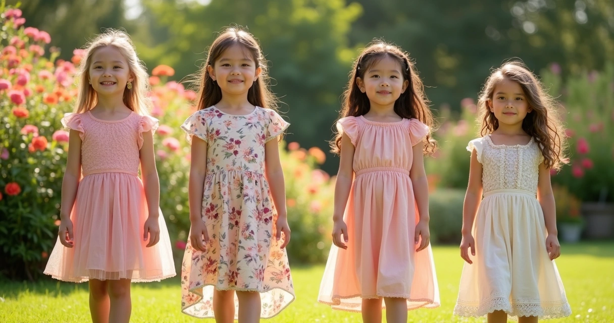 Meninas usando vestidos infantis variados em um jardim ensolarado, diferentes modelos como godê, midi, longo e estampado, tecidos leves e confortáveis, ambiente alegre com flores coloridas ao fundo 