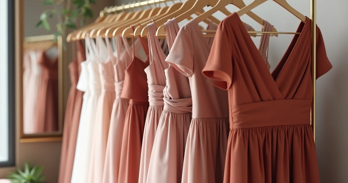 Vários vestidos de madrinha longos e coloridos alinhados em uma arara, destaque para tons terrosos e modelos variados