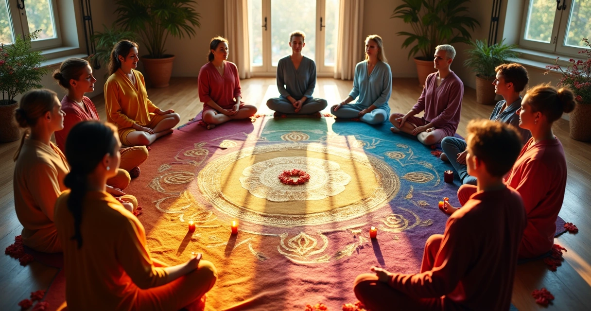 Pessoas usando roupas coloridas em ritual espiritual com flores e velas 