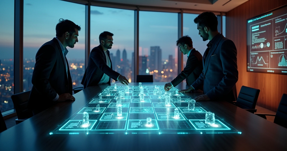 Conselheiros de negócio organizando contrato de vesting em tabuleiro estratégico digital 