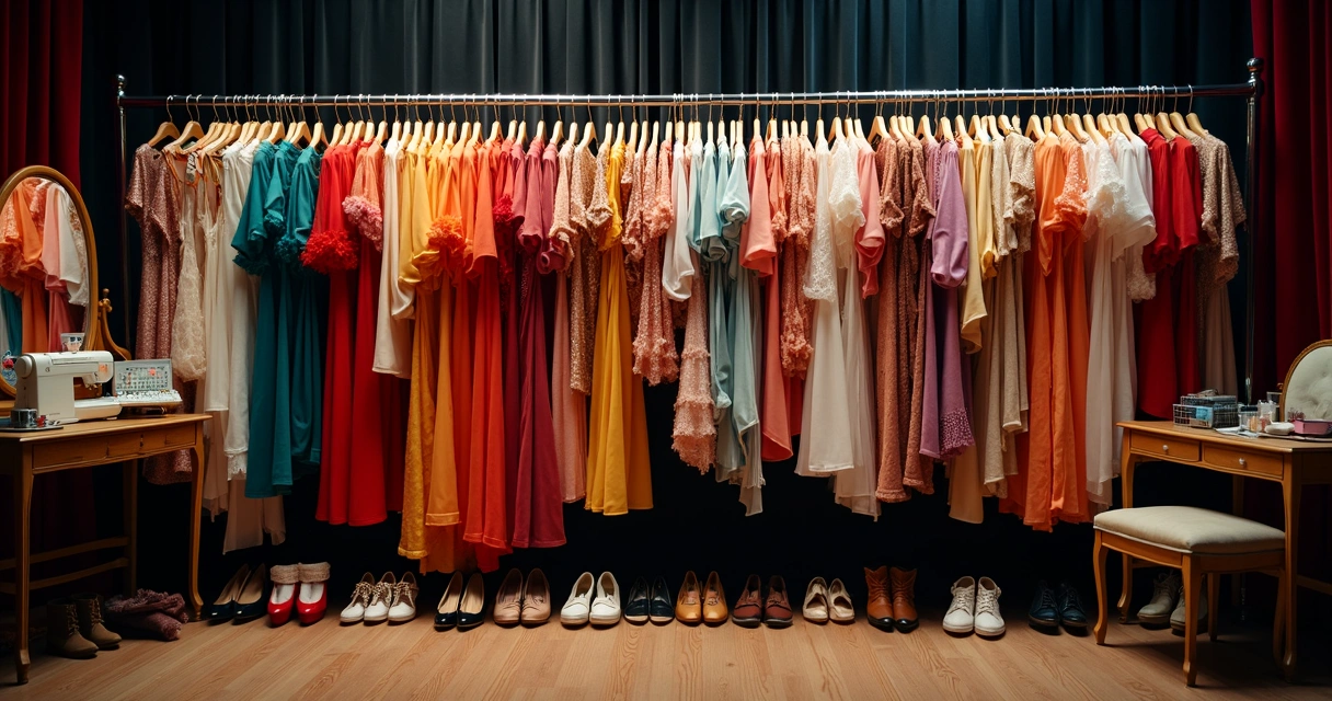 Vestidos y trajes colgando entre bastidores de teatro 