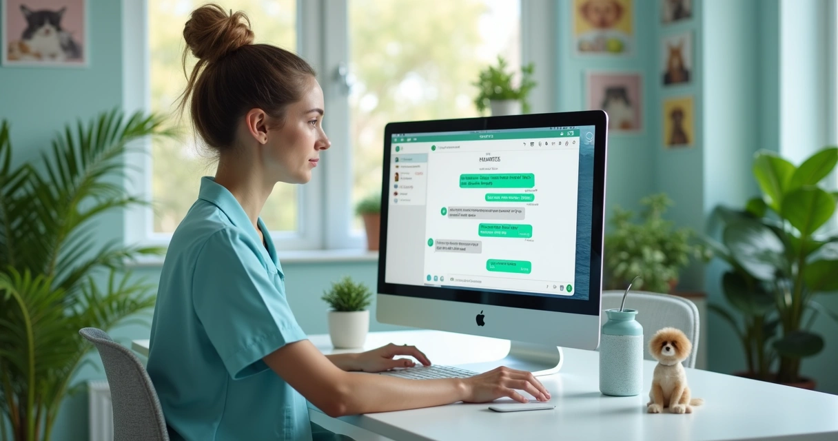 Veterinary receptionist using WhatsApp on computer