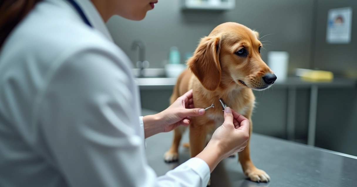 Vet implanting microchip in dog's shoulder area