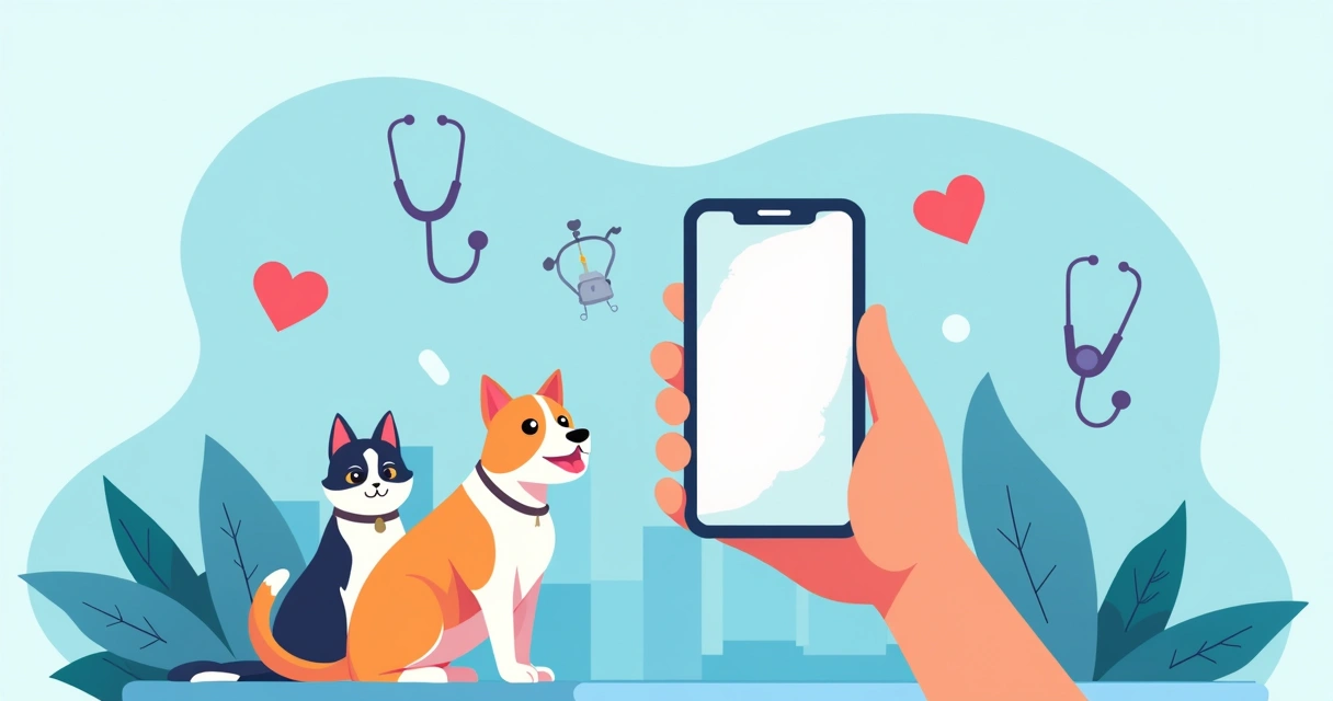 Campanha digital veterinária sendo enviada em celular com pets ao lado 