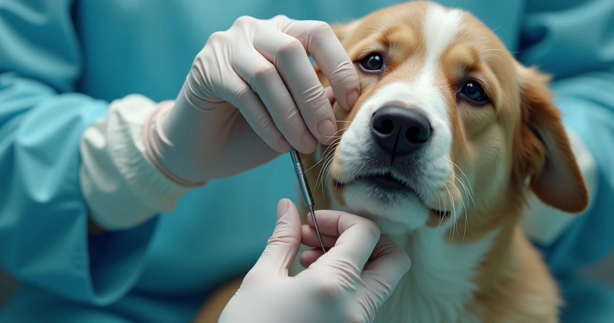 Veterinarian inserting a microchip into a dog’s neck in a clean clinical setting