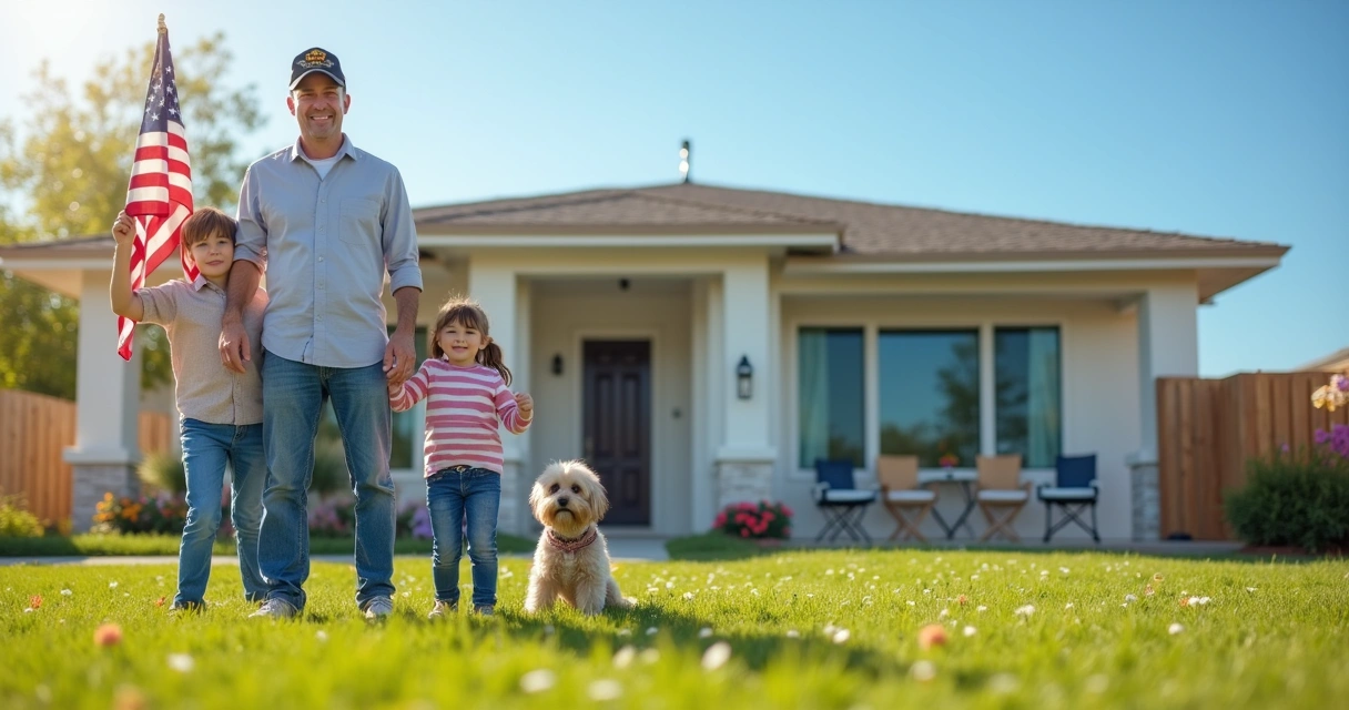 Family with veteran in front of their new house 