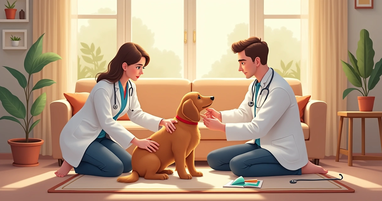 Veterinária realizando atendimento em domicílio com cão e tutor 