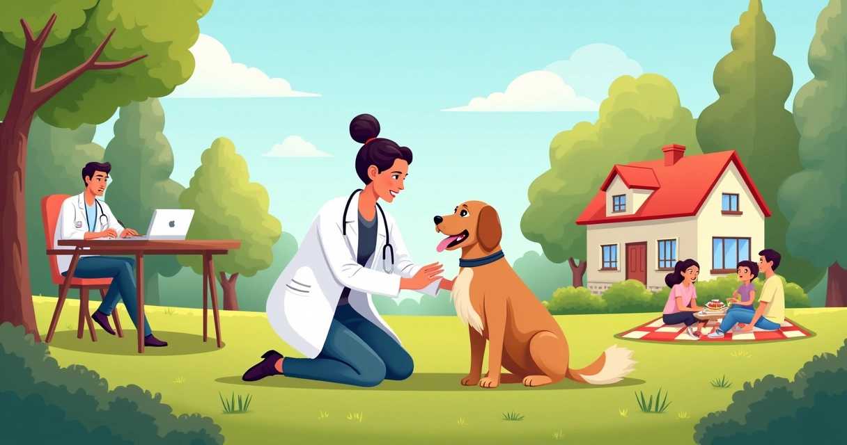 Veterinária autônoma examinando um cachorro em um parque ensolarado, simbolizando liberdade e flexibilidade