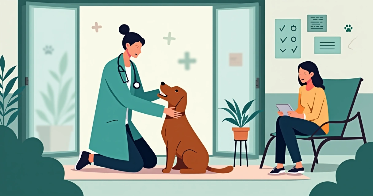 Veterinária em visita domiciliar examinando cachorro em jardim com dona ao lado 