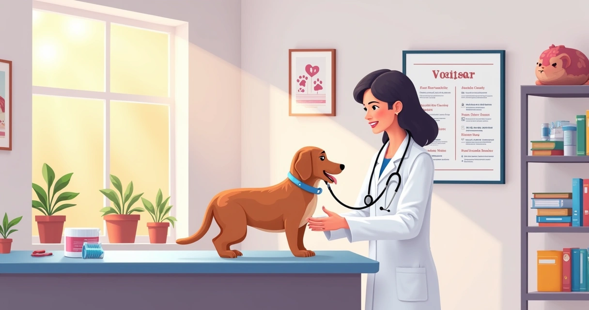 Veterinária examinando um cão em uma sala brilhante e profissional com plantas e materiais veterinários.