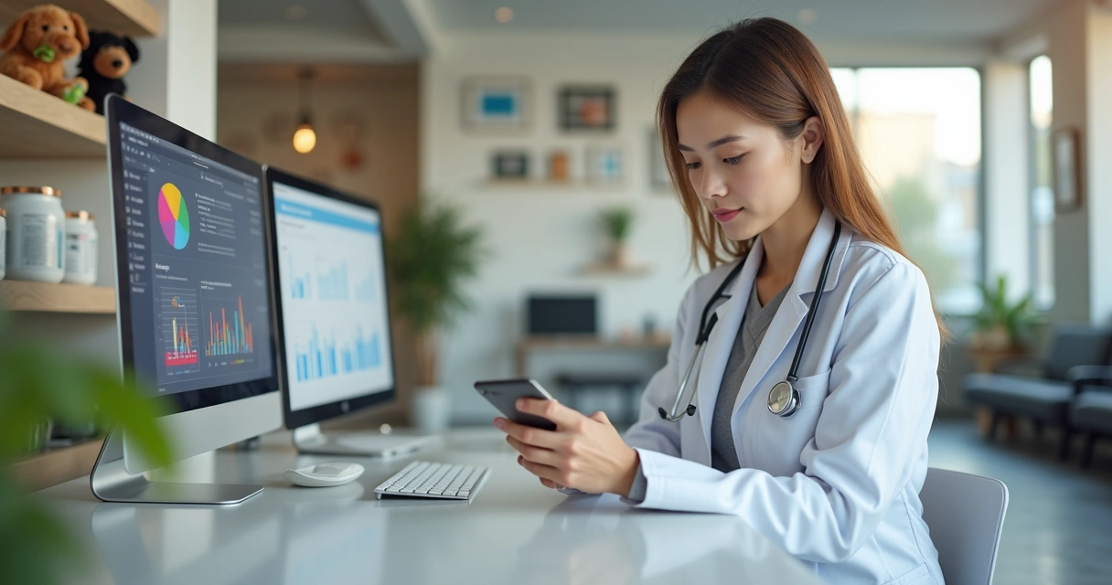 Clínica veterinária moderna com veterinária usando celular para gerenciar Instagram 
