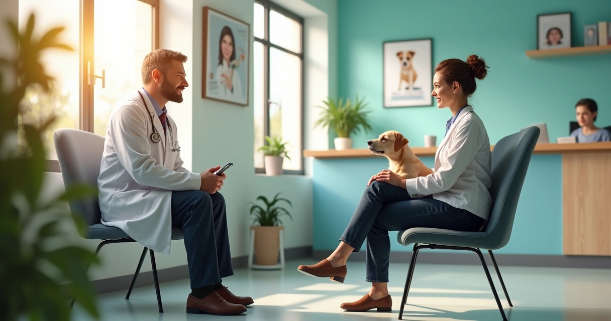 Veterinarian speaking with pet owner in clinic waiting room with dog on lap 