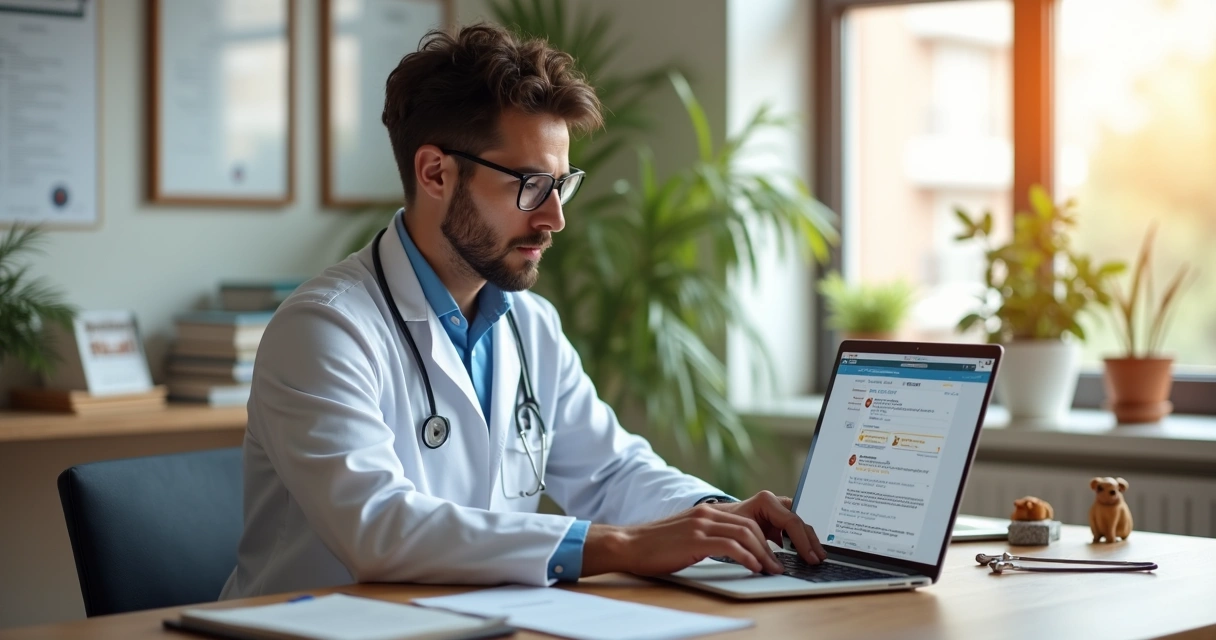 Veterinarian at desk reviewing online feedback on a laptop with pet clinic visuals 