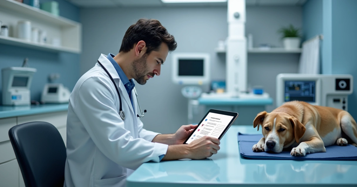 Veterinário preenchendo ficha anestésica digital em tablet no consultório 