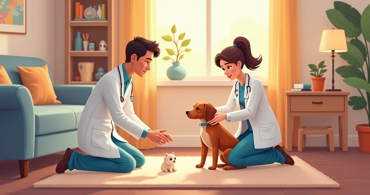Veterinário examina cachorro sobre um tapete na sala de uma casa 