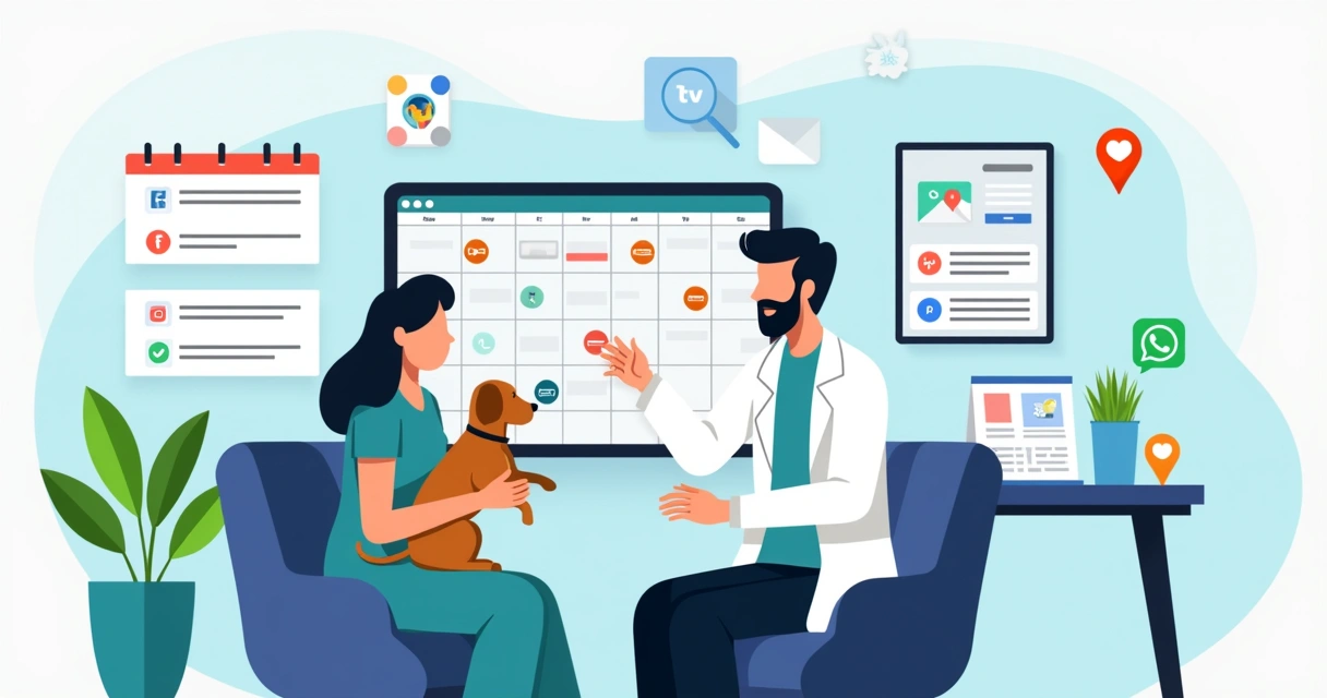 Veterinário atendendo tutor com perro enquanto agenda organizada e notificações aparecem na tela 