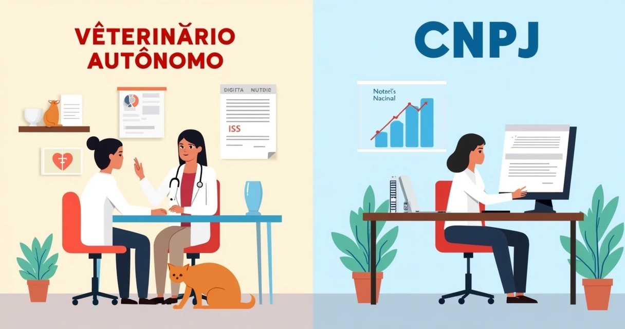 Ilustração comparativa de veterinário autônomo e CNPJ, mostrando consulta e emissão de nota fiscal.