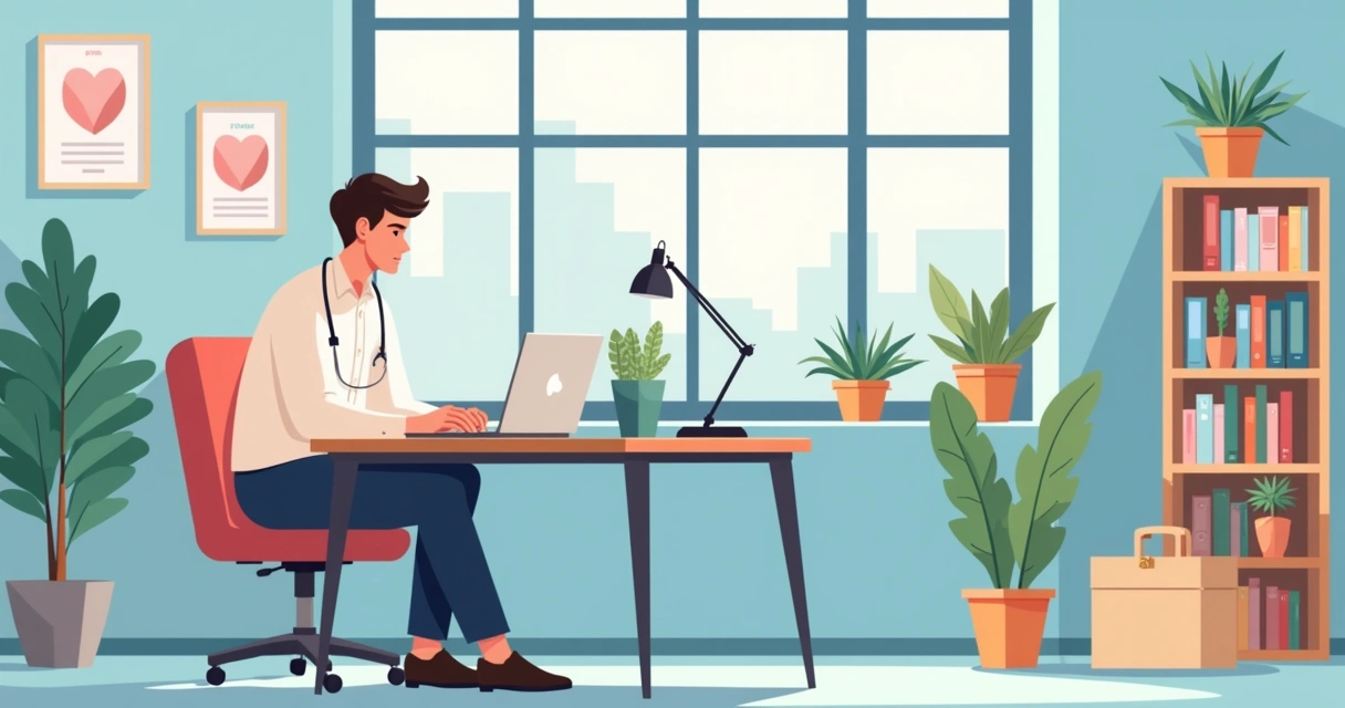 Ilustração corporativa mostrando veterinário avaliando opções de marketplace e site próprio em uma tela dividida 