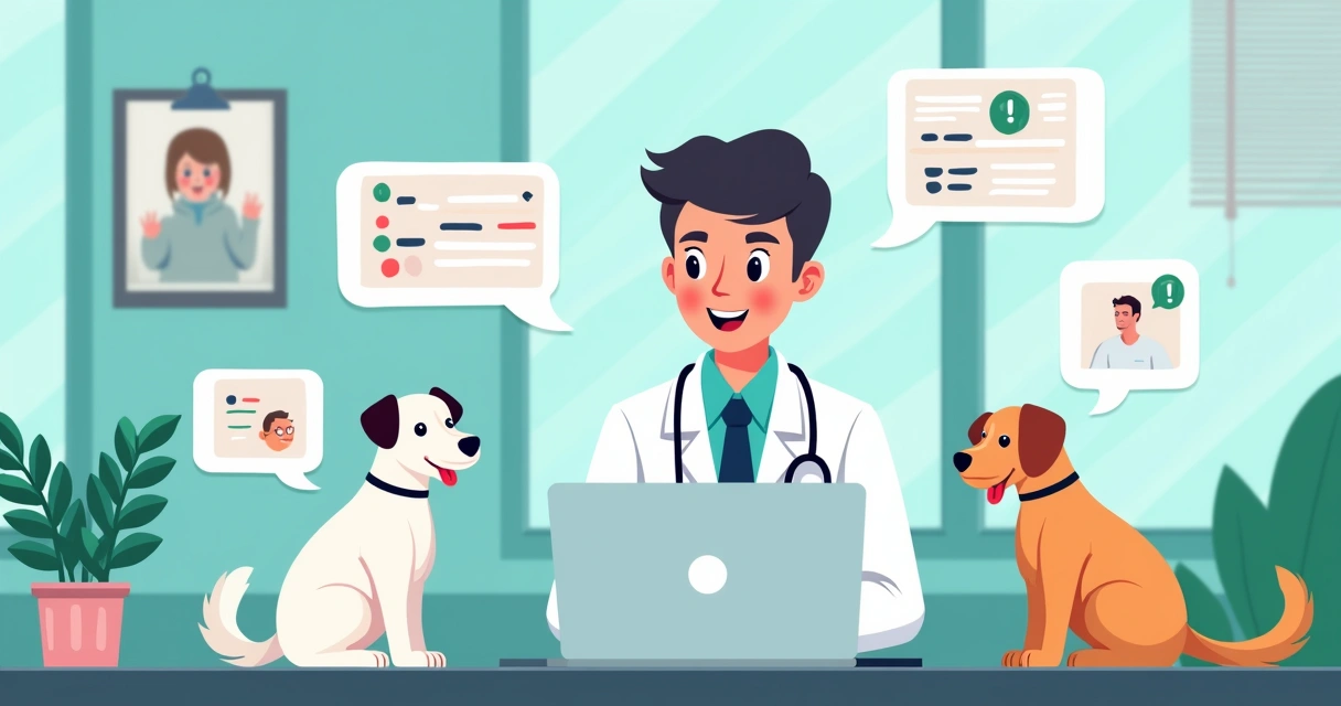 Ilustração corporativa de veterinário com agendamento digital e tutores ativos no celular 