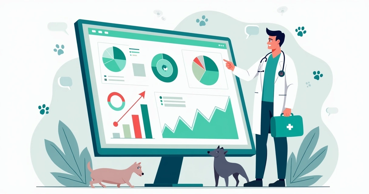 Veterinário em frente a tela digital mostrando gráficos e histórias para engajamento 