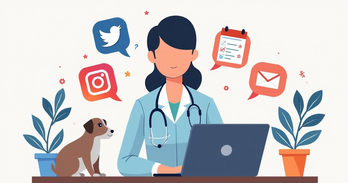 Ilustração corporativa de veterinário usando computador com redes sociais e ferramentas digitais para divulgação do consultório 