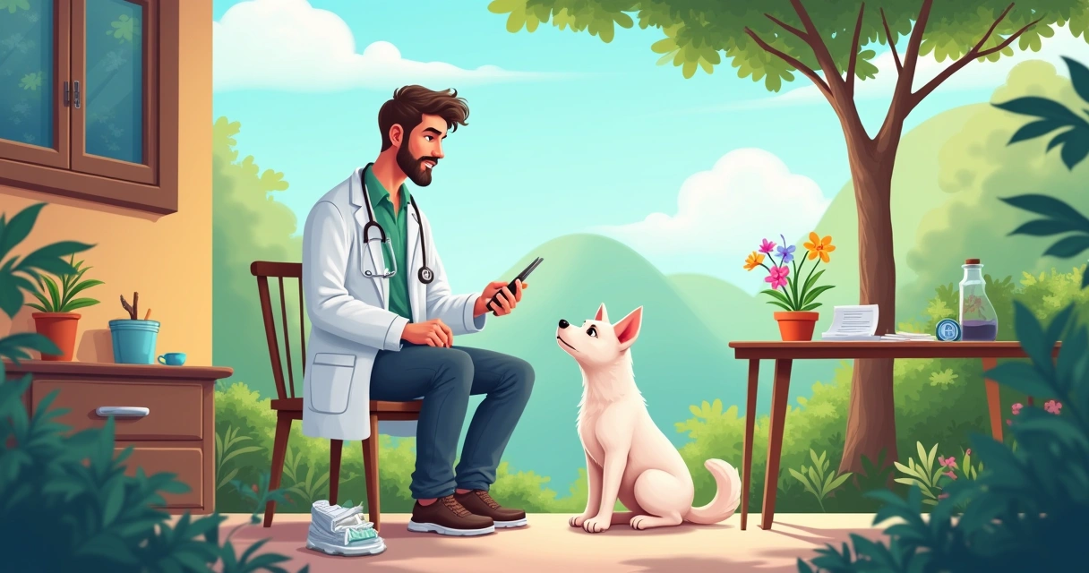 Veterinário em um jardim examinando um cachorro, com documentos de CNPJ e elementos financeiros ao fundo.