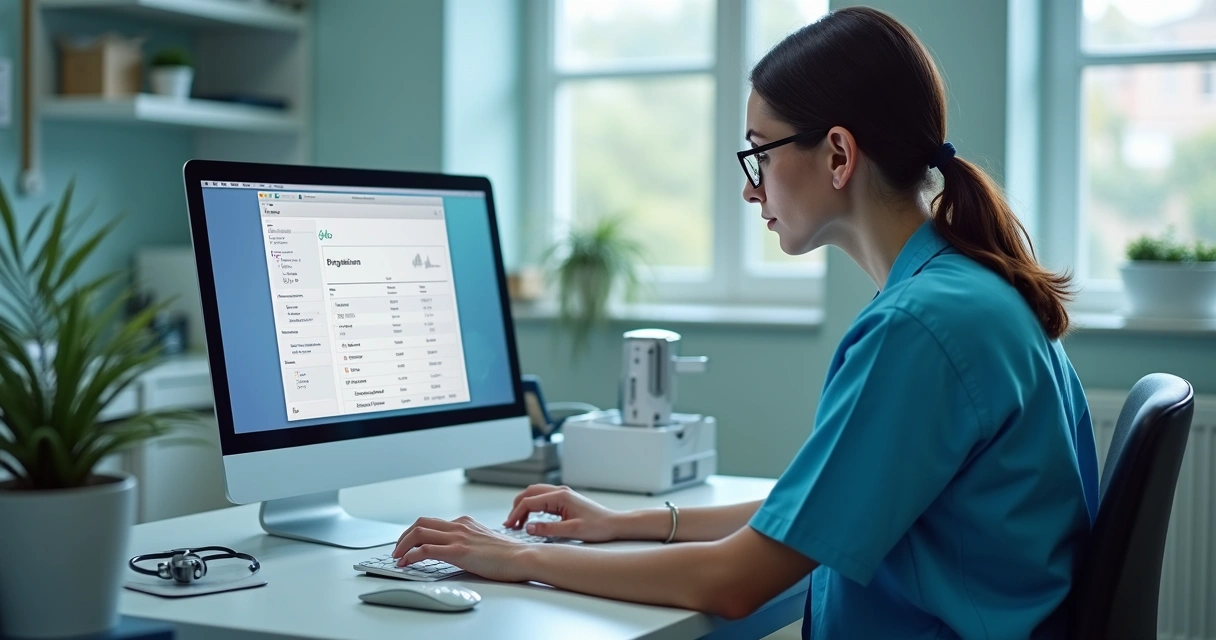 Veterinário preenchendo dados no computador 