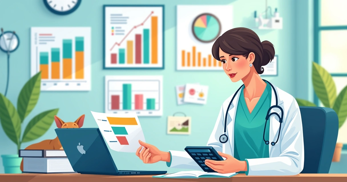 Veterinário com calculadora analisando gráficos financeiros em uma mesa clara 