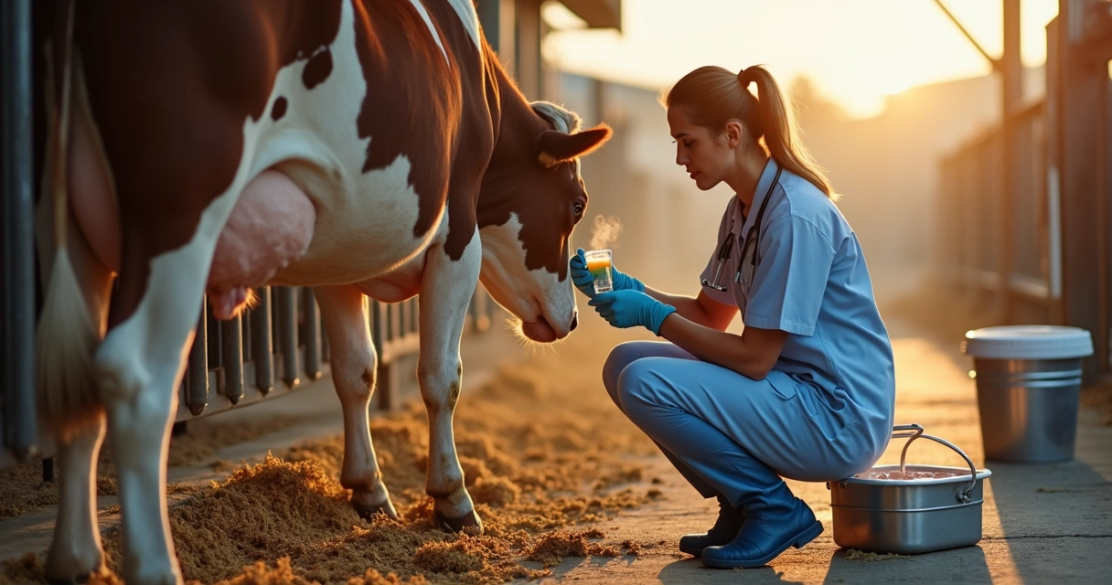 Veterinário examinando úbere de vaca leiteira em curral limpo ao amanhecer 