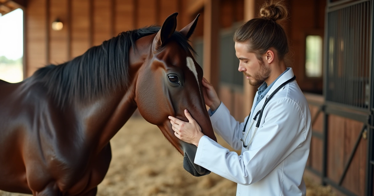 Veterinário examinando cavalo em haras 