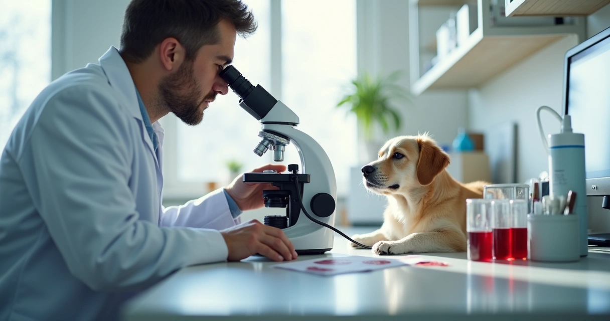 Veterinário examinando lâmina de sangue de pet ao microscópio 