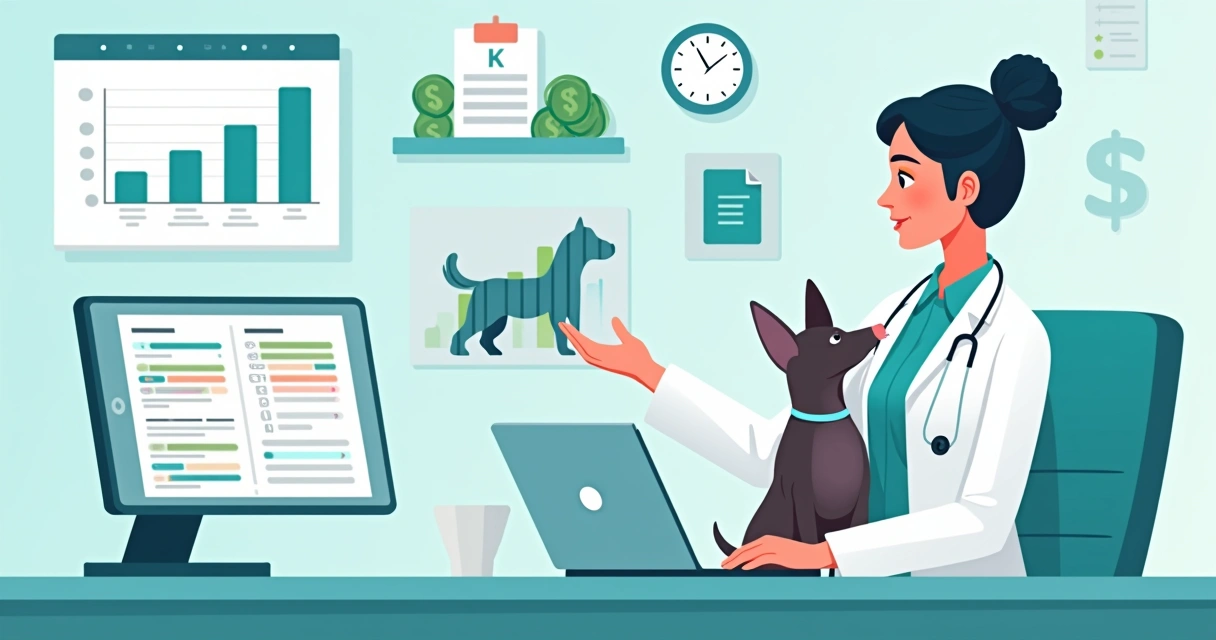 Ilustração corporativa flat mostrando veterinário organizando finanças do consultório com gráficos, planilhas e calendário 