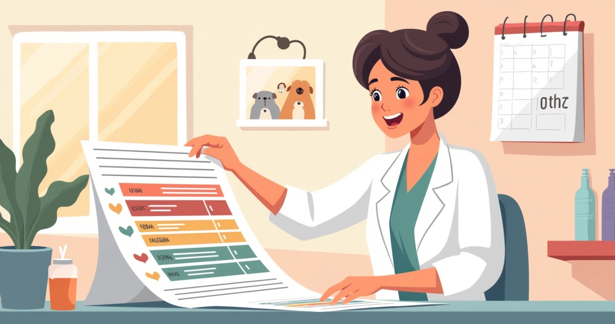 Veterinário revisando gráficos de impostos no escritório. Ferramentas médicas e produtos para pets ao fundo.