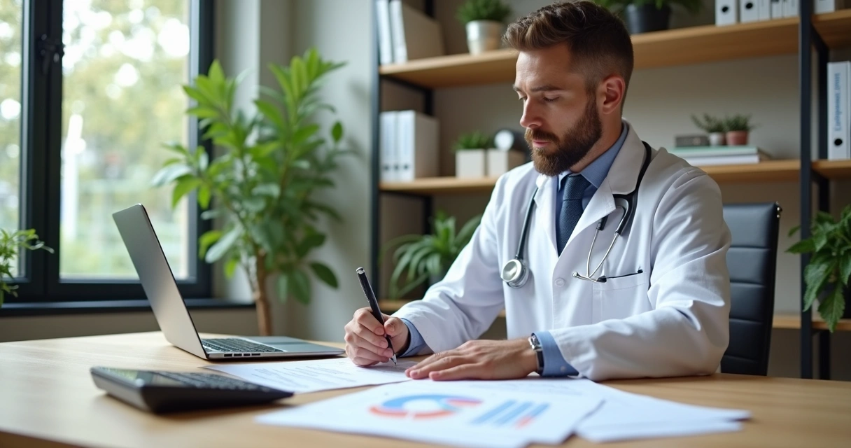 Veterinário analisando documentos financeiros em escritório modernizado 