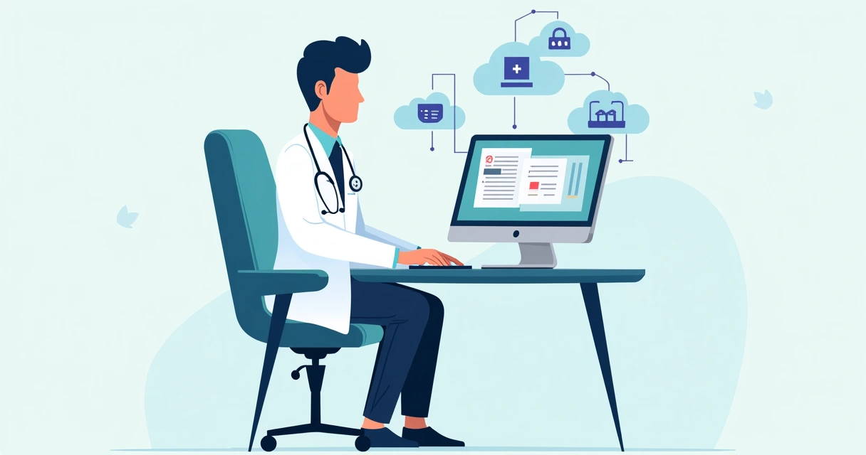 Veterinário usando computador com ícones de nuvem ao fundo 