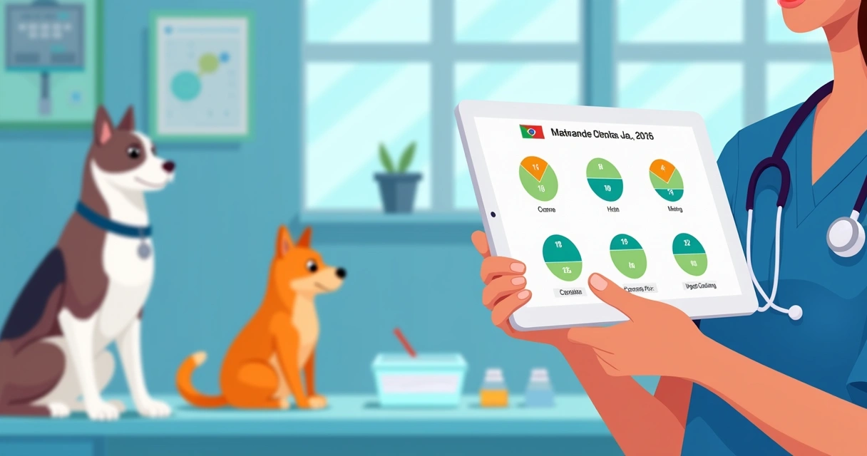 Veterinário usando tablet com ficha anestésica digital e gráficos coloridos 