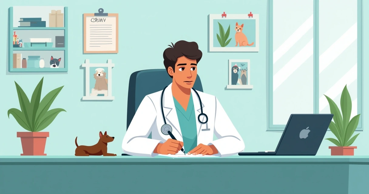 Veterinário registrando documentos no CRMV em escritório moderno com decoração relacionada a animais.