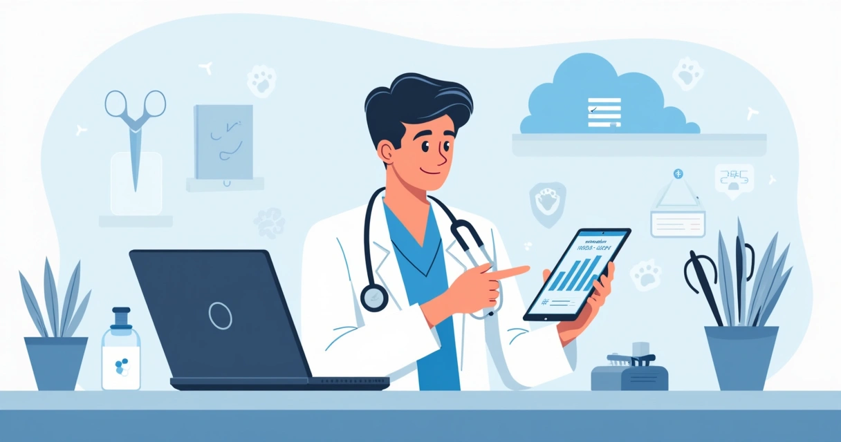 Veterinário usando aplicativo para cálculos anestésicos em tablet no consultório 