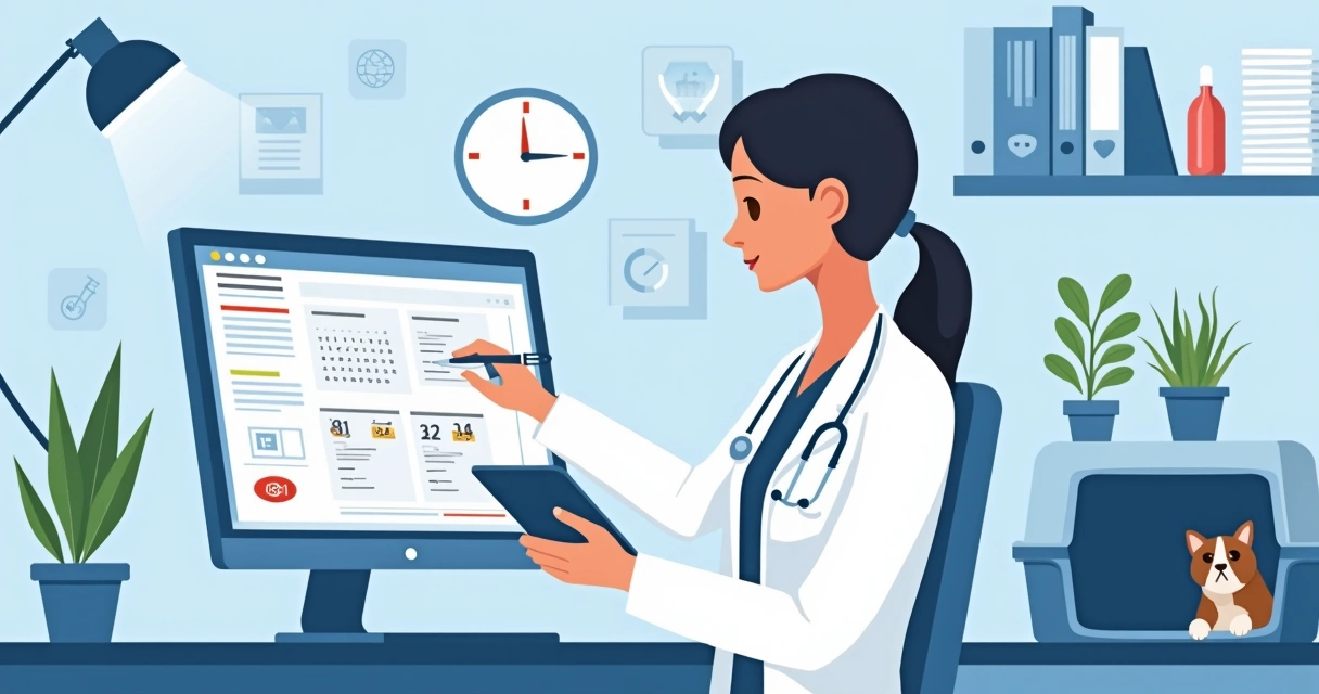 Veterinário autônomo usando prontuário digital no computador com agenda e histórico do paciente na tela 